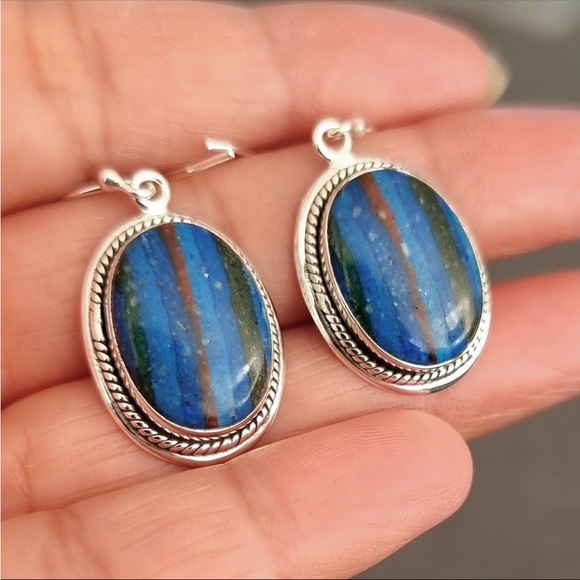 Boho Rainbow Calsilica Earrings, Large Oval Stone Earrings NWT - Picture 7 of 9